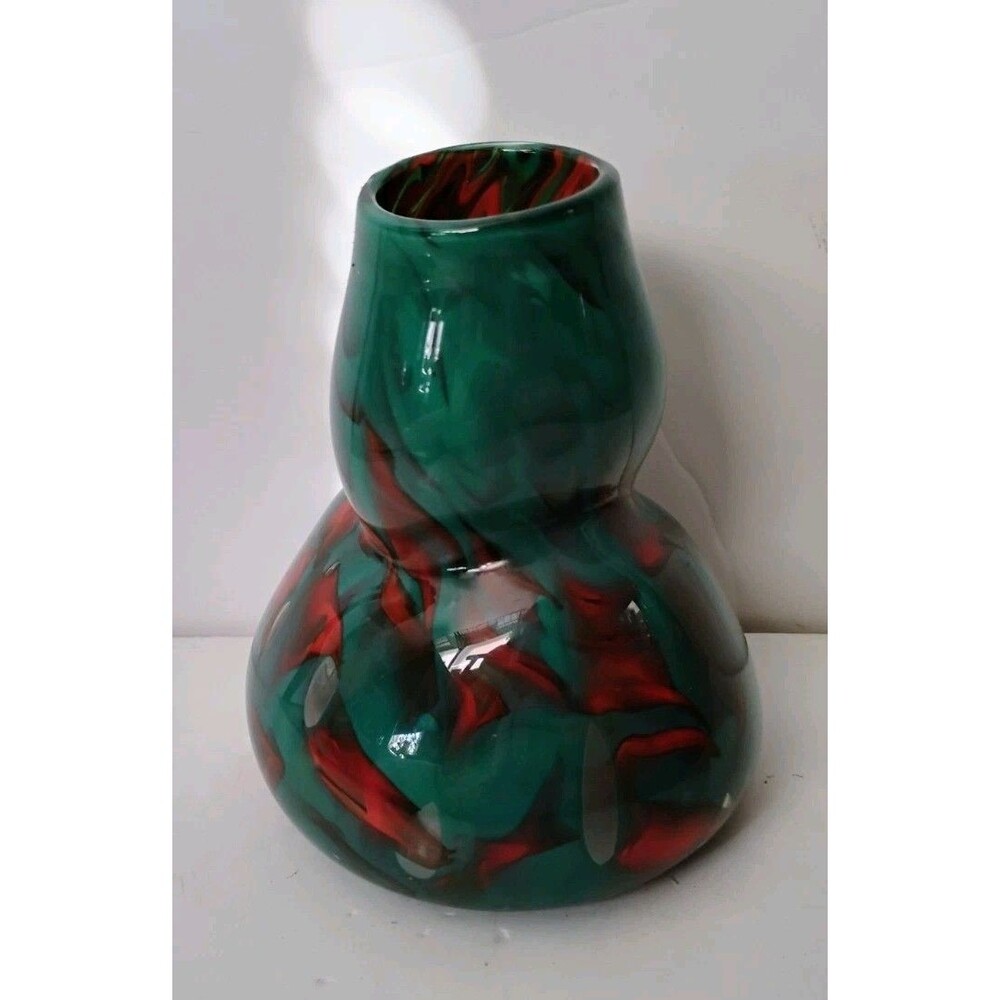 Vintage Hand Blown Swirl Art Glass Vase Emerald Green Crimson Signed Val 00